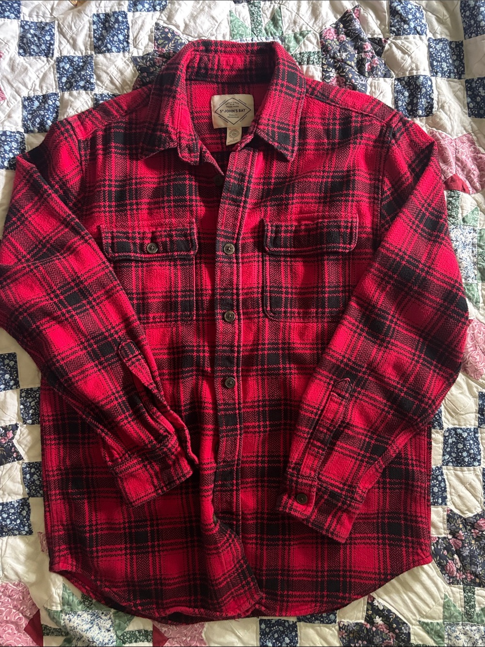 St. John's Bay Red and Black Plaid Button-Down Flannel Shirt